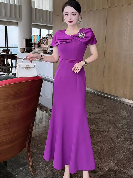 2024 Spring Elegant Feminine Slim Mermaid Banquet Dress Long Dress Noble Shoulder Goddess Dress