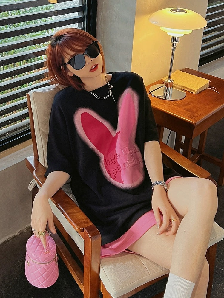 Summer rabbit print white short-sleeved t-shirt pure cotton loose top plus size women's mid-length t-shirt trendy brand