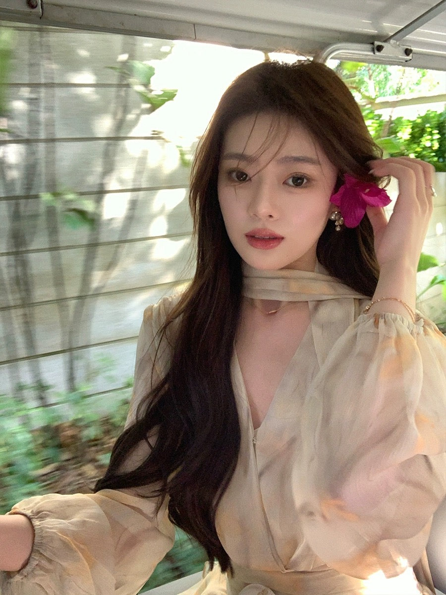 ByYou spring and summer long-sleeved v-neck puff-sleeved chiffon yellow floral dress with waist and irregular fairy skirt