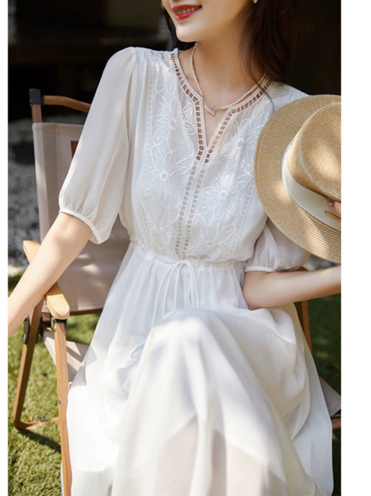 White embroidery elegant high-end mulberry silk silk georgette dress luxury temperament new style western-style skirt female