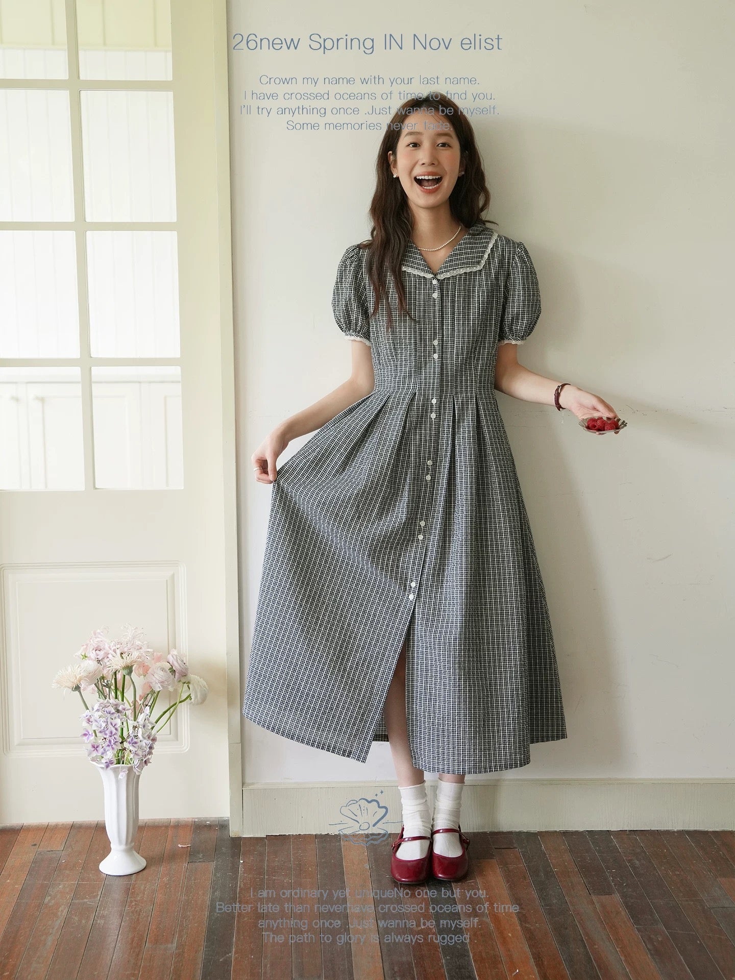 Nov elist One French-style black and white checkered shirt dress, mid-length, V-neck, slimming and flattering.