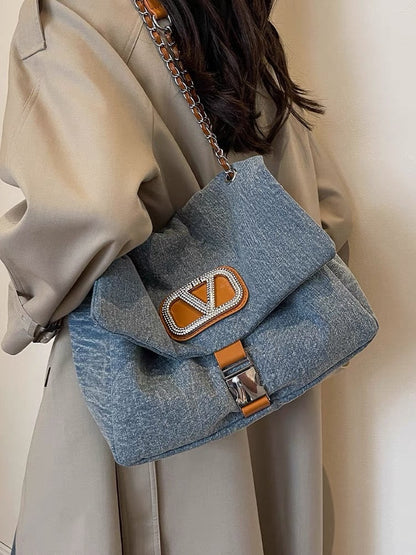 Fashion casual chain portable large-capacity bag women's new denim tote bag 2023 high-end underarm bag