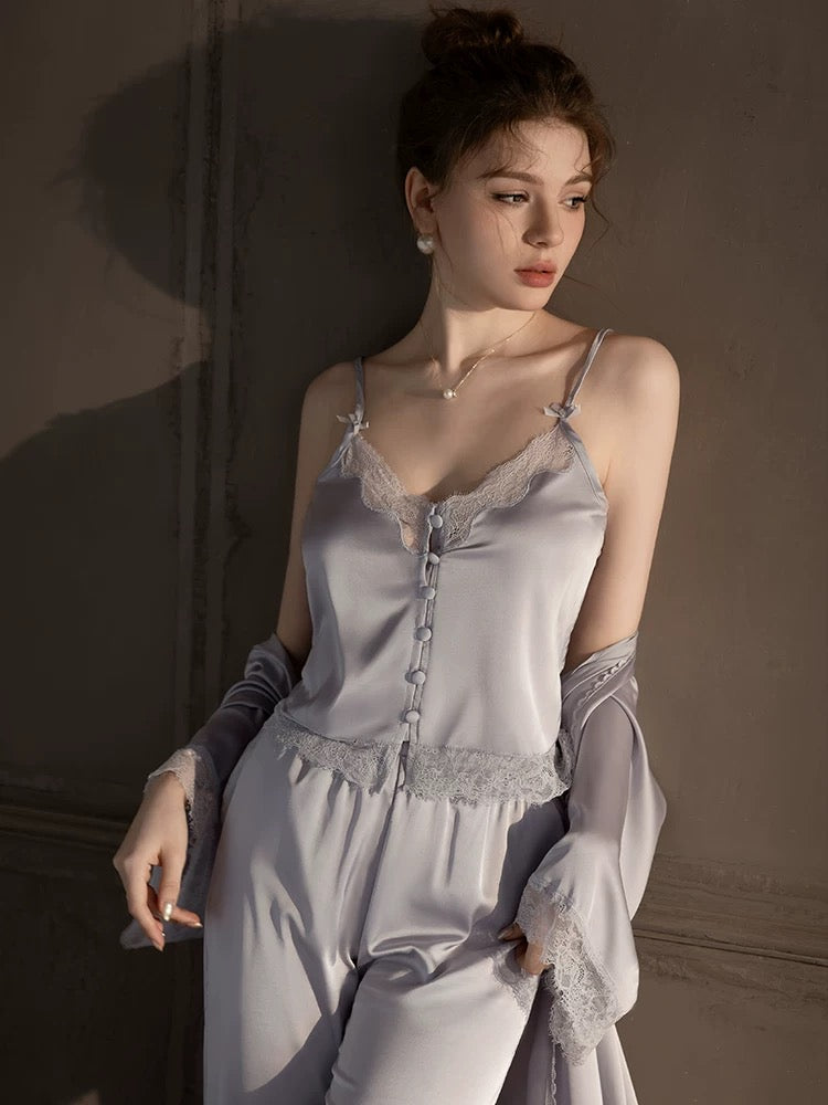 Forced to sell pajamas French suspenders trousers cardigan pajamas women's three-piece loose silk suit home clothes autumn and winter