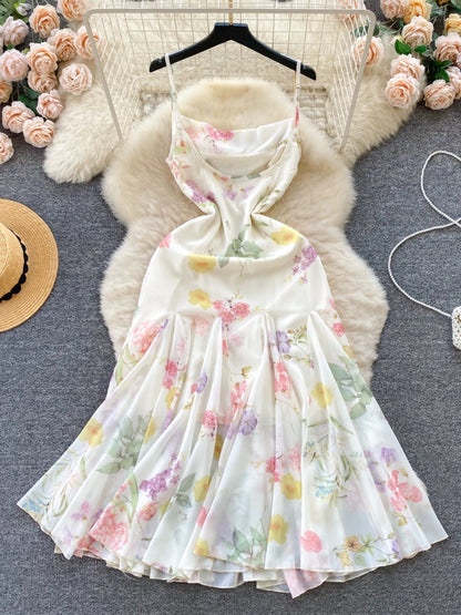 French Dress 2024 New Sexy Feminine High-Level Printed Slim Mid-Length Ruffled Suspender Skirt