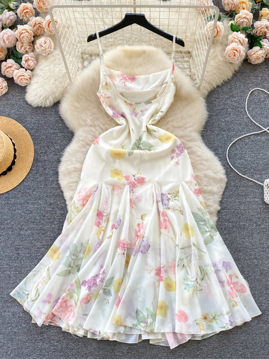 French Dress 2024 New Sexy Feminine High-Level Printed Slim Mid-Length Ruffled Suspender Skirt