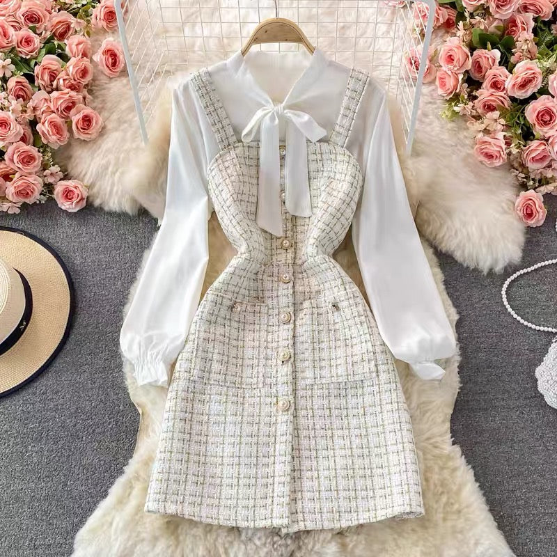 Autumn ladylike elegant bow tie shirt two-piece suit tweed plaid suspender dress