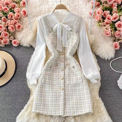 Autumn ladylike elegant bow tie shirt two-piece suit tweed plaid suspender dress