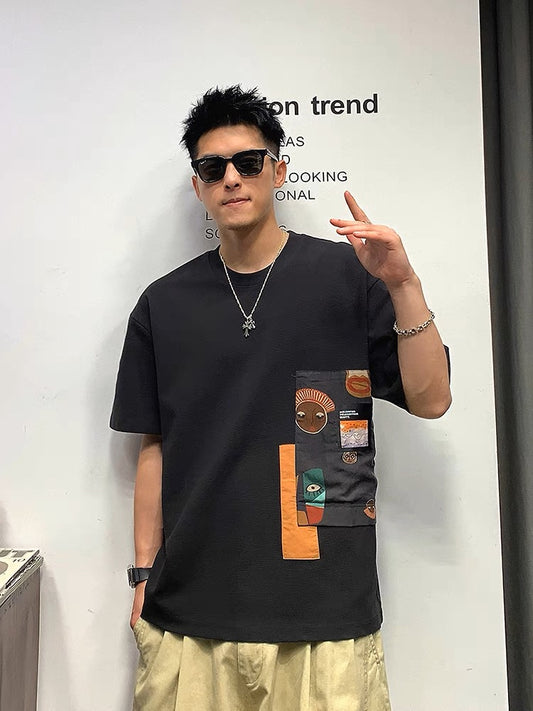 Xu Tailang's design sense of American splicing short-sleeved T-shirt men's summer fashion brand trend versatile three-quarter sleeve T-shirt top