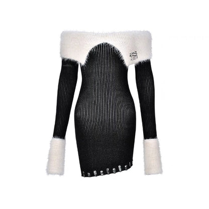 AGAM original strappy lapel off-shoulder plush one-shoulder long-sleeved patchwork dress knitted halterneck hip-hugging skirt