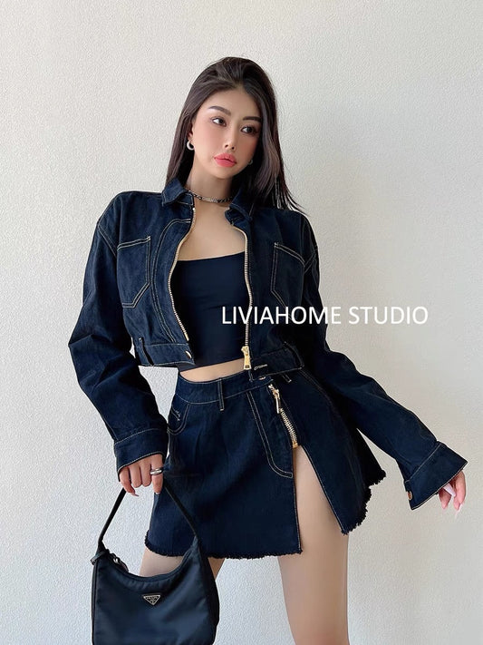 liviahome European and American ins retro zipper denim suit loose and versatile short coat high waist slit skirt autumn (S195)
