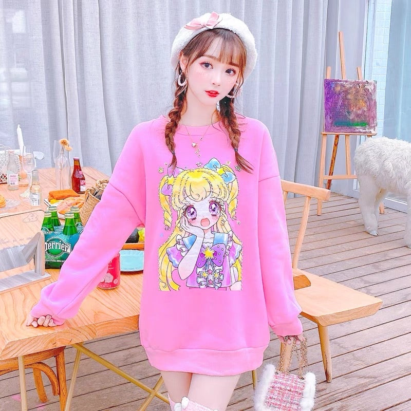 Winter heavy-duty studded Sailor Moon velvet thickened sweatshirt for women, lazy style, loose and slim, mid-length top