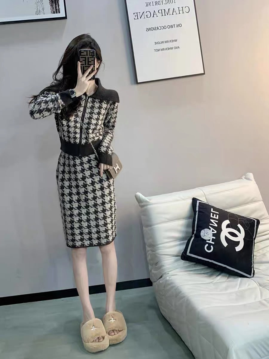 Xiaoxiangfeng fashion suit for women 2023, ladylike temperament, light luxury houndstooth bag hip skirt, knitted cardigan two-piece set (B1516)