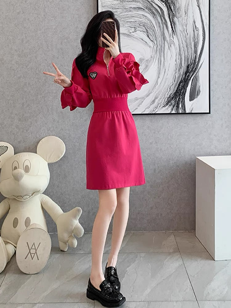 French dragon fruit color sweatshirt skirt for women autumn and winter 2023 new European style slim dress for small people (V5518)