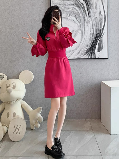 French dragon fruit color sweatshirt skirt for women autumn and winter 2023 new European style slim dress for small people (V5518)