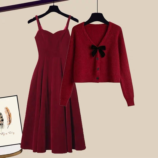New autumn and winter women's suit skirt red bow sweater gold velvet dress two-piece set for women autumn