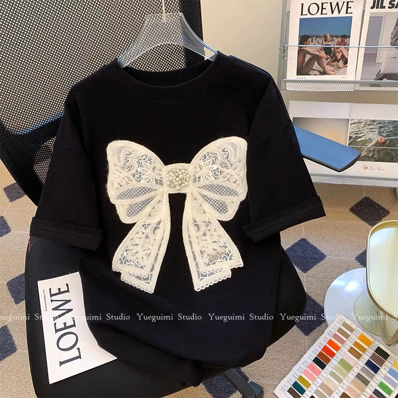 Bow black short-sleeved T-shirt for women 2023 new summer trendy casual loose versatile design niche