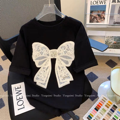 Bow black short-sleeved T-shirt for women 2023 new summer trendy casual loose versatile design niche