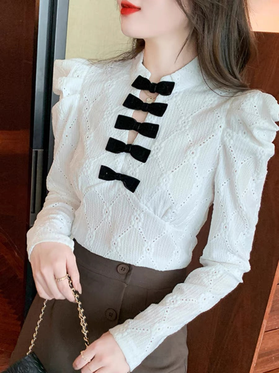 Palace style puff sleeve jacquard shirt for women autumn new slim fit versatile sweet bow stand collar bottoming top (B2310)