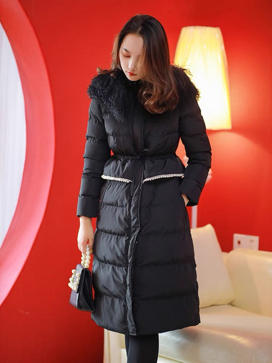Nori French retro real fox fur collar hooded waist lace-up pearl slim fit thickened down jacket
