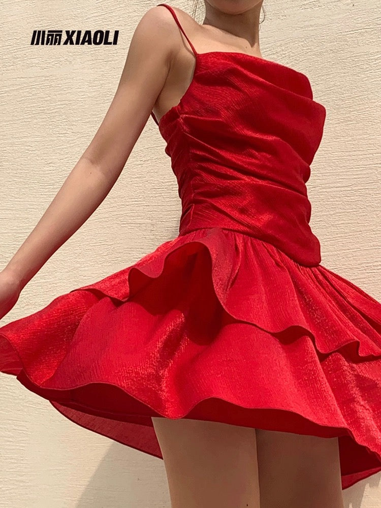 Xiaoli XIAOLI Bihai Yinsha acetate suspender dress spring and summer dopamine wear small A-line short skirt