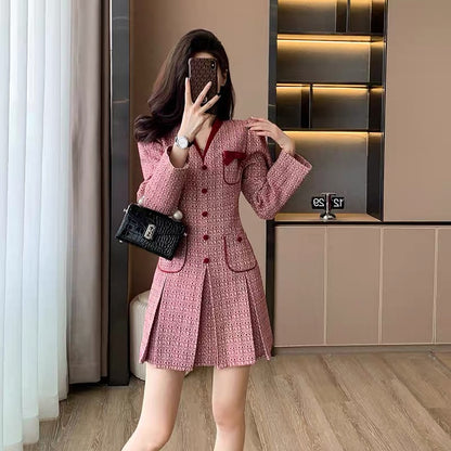 2023 New Women's Clothing Autumn Temperament Celebrity Slim High-Quality Red Small Fragrance Style Tweed Dress Women's Autumn