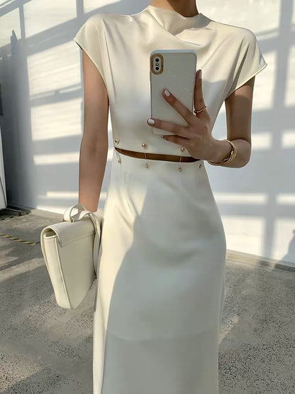 French dress for women 2023 spring and summer new style detachable bead buckle leaking waist temperament niche long skirt professional women's skirt