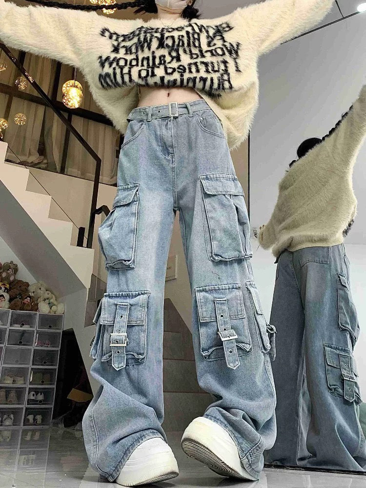 American street vibe work jeans for women 2023 new design multi-pocket high-waisted loose floor-length mopping pants trendy