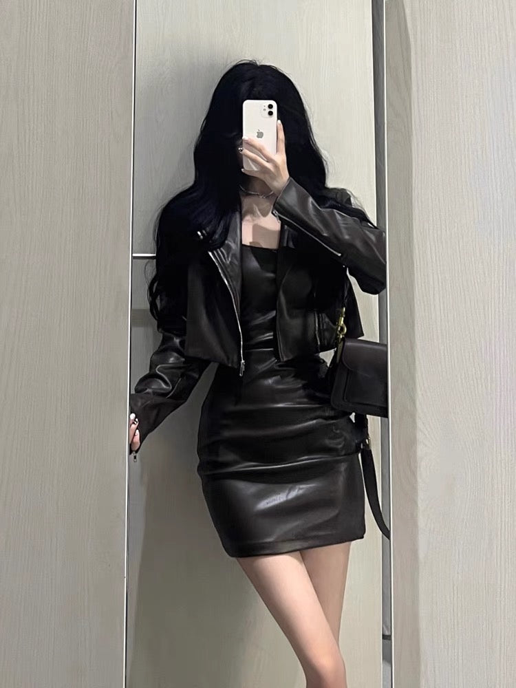american retro leather dress Flying Tomato Black Faux Leather A-Line Mini Dress