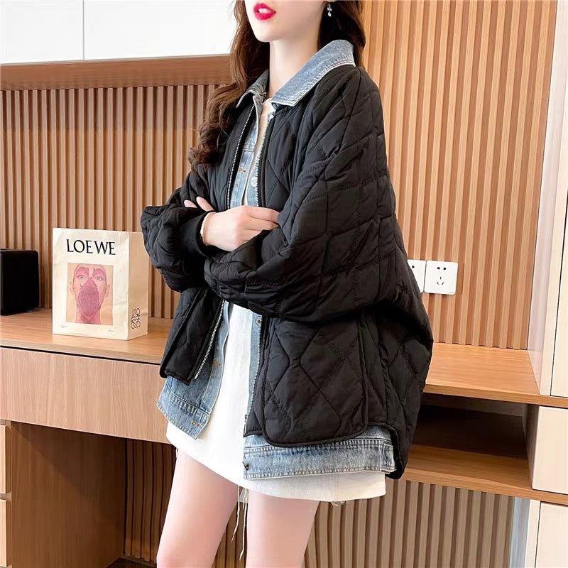 Spliced denim fake two-piece cotton jacket for women autumn new 2023 Korean style loose design top cardigan (S0619)