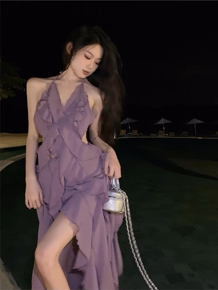 Large size French super fairy purple sling dress female summer ruffled v-neck sexy open back seaside beach dress