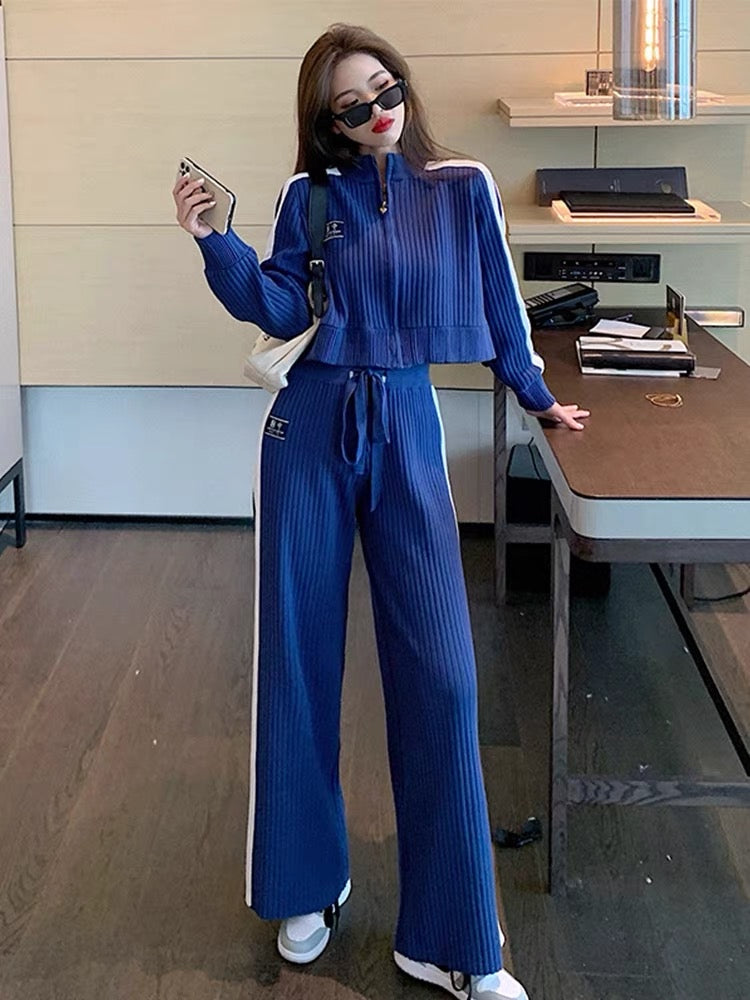 College style stand-up collar short zipper jacket blue age-reducing top high-waisted slimming wide-leg pants women's autumn and winter two-piece set
