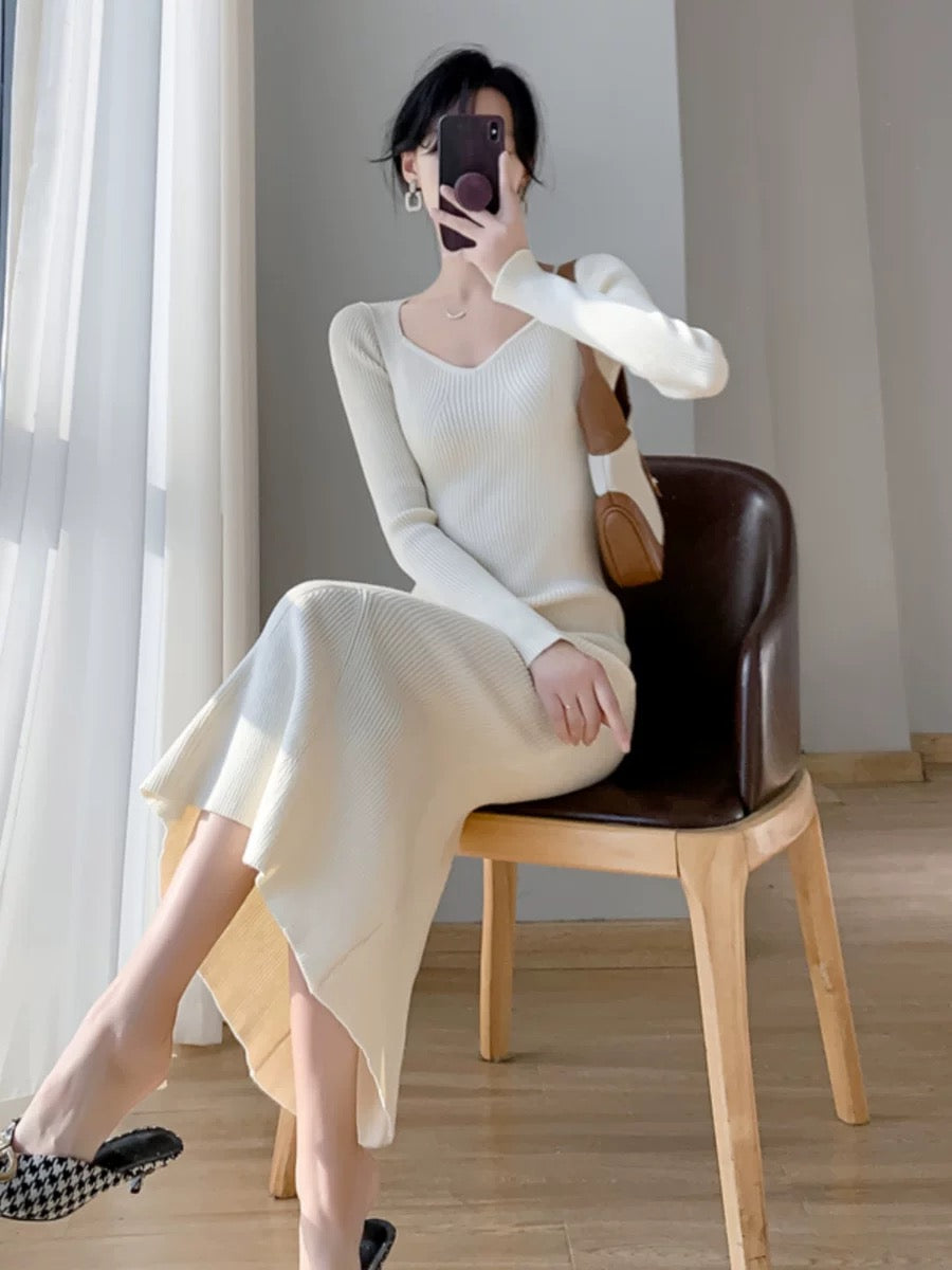 Gentle style square neck knitted dress for women in fall and winter, slim fit, little black skirt, mid-length over-the-knee sweater dress