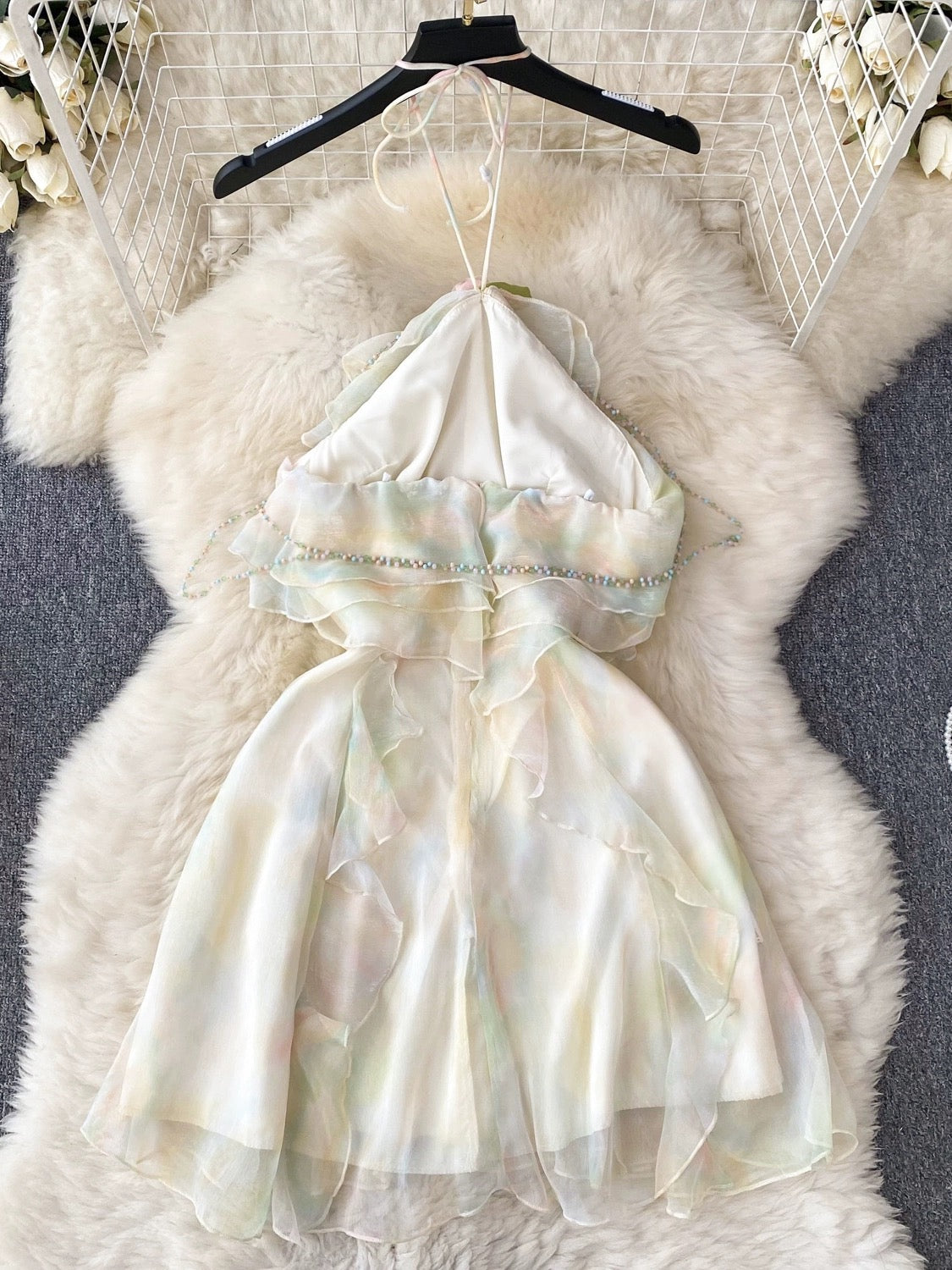 Retro atmosphere halter neck suspender dress for women, mesh ruffles, sweet and pure design, niche fairy dress