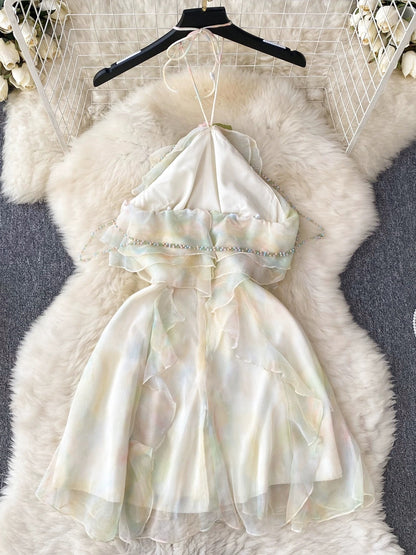Retro atmosphere halter neck suspender dress for women, mesh ruffles, sweet and pure design, niche fairy dress