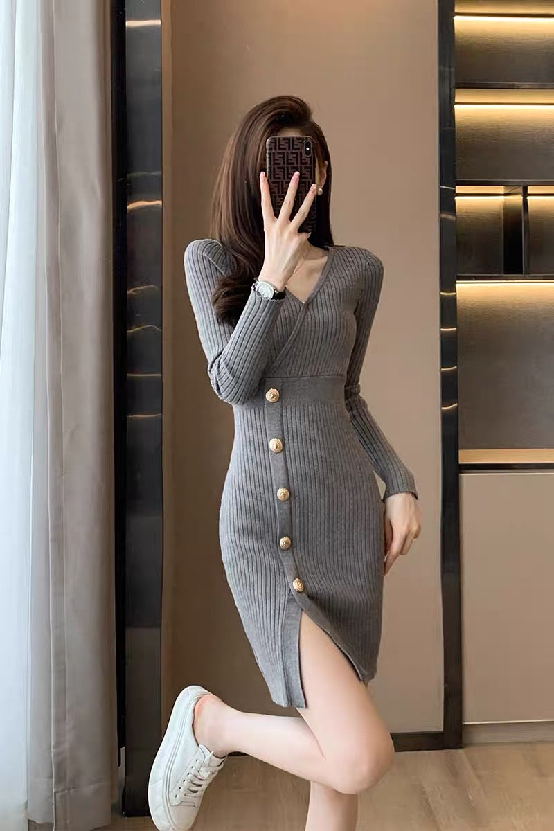 Long-sleeved gray sexy hip-hugging skirt autumn new French style v-neck knitted dress slimming women autumn