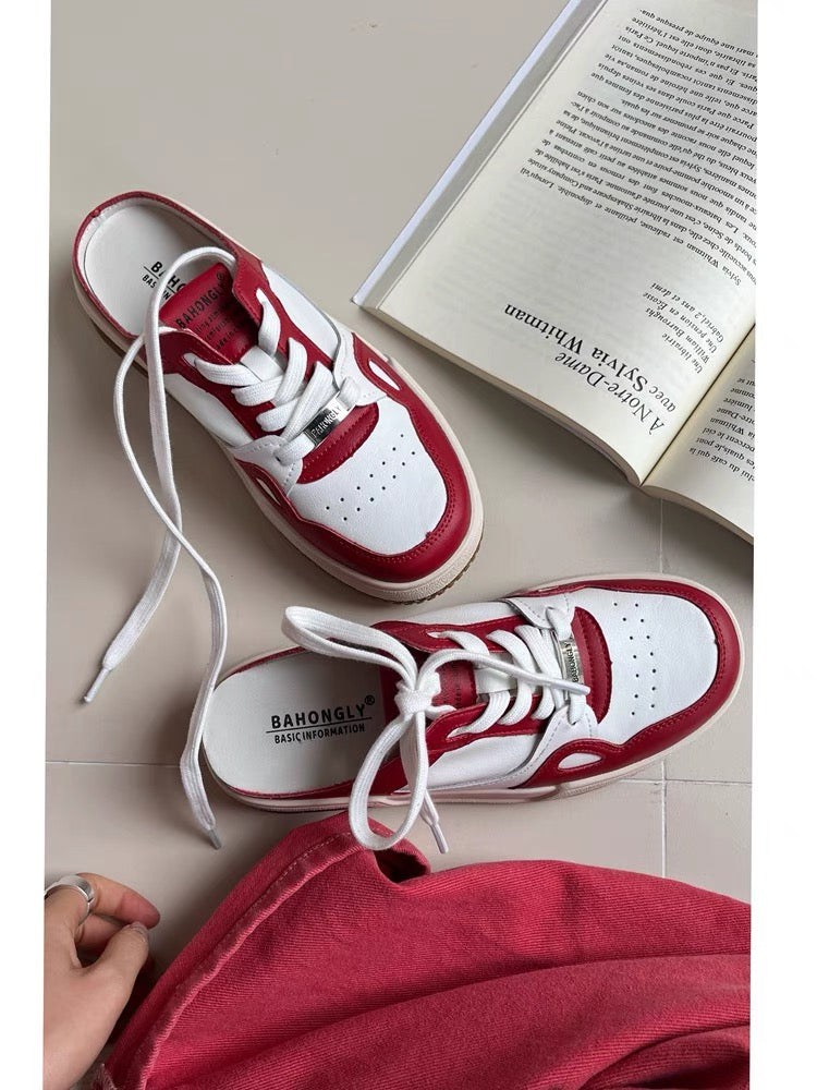Genuine leather toe-toe white shoes for women 2023 spring new style flat-soled lazy half-slippers for outer wear soft-soled versatile casual sneakers