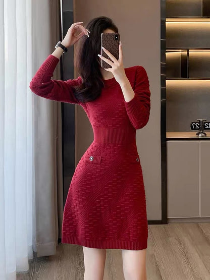 French retro autumn and winter new round neck long-sleeved knitted dress A-line skirt slimming outer bottoming sweater skirt for women D7797