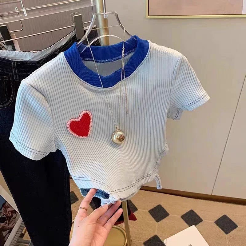 Korean style small fresh knitted round neck love thorn cloth printed hollow short T-shirt women's summer new slim top (A124)