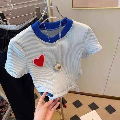 Korean style small fresh knitted round neck love thorn cloth printed hollow short T-shirt women's summer new slim top (A124)