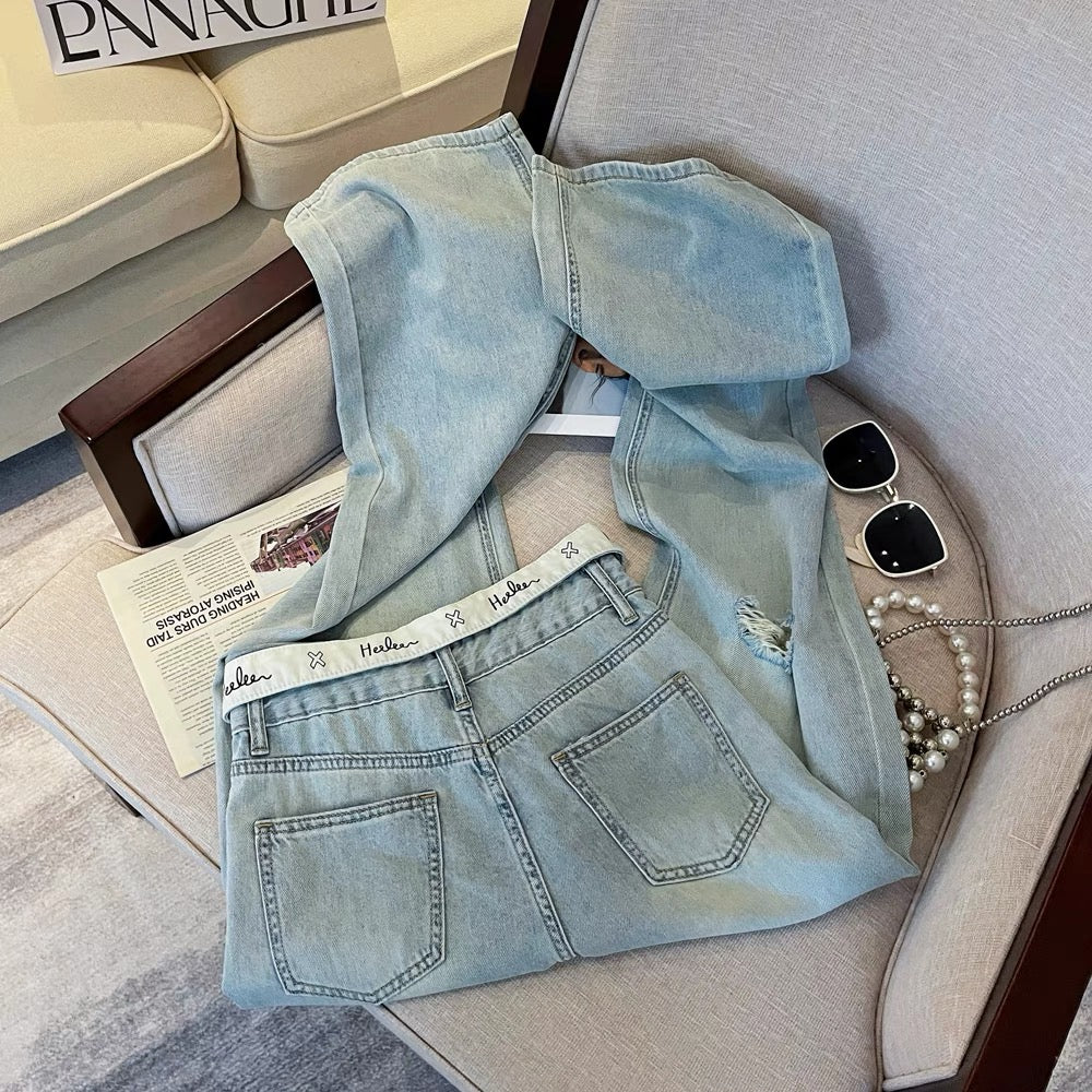 Designed Korean style cuffed jeans for women summer new high-waisted loose straight pants retro ins slim trousers