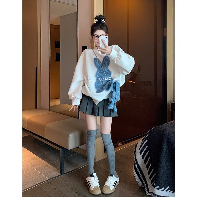 White heavy industry rabbit pullover sweatshirt for women spring and autumn 2023 new loose lazy style oversize round neck top