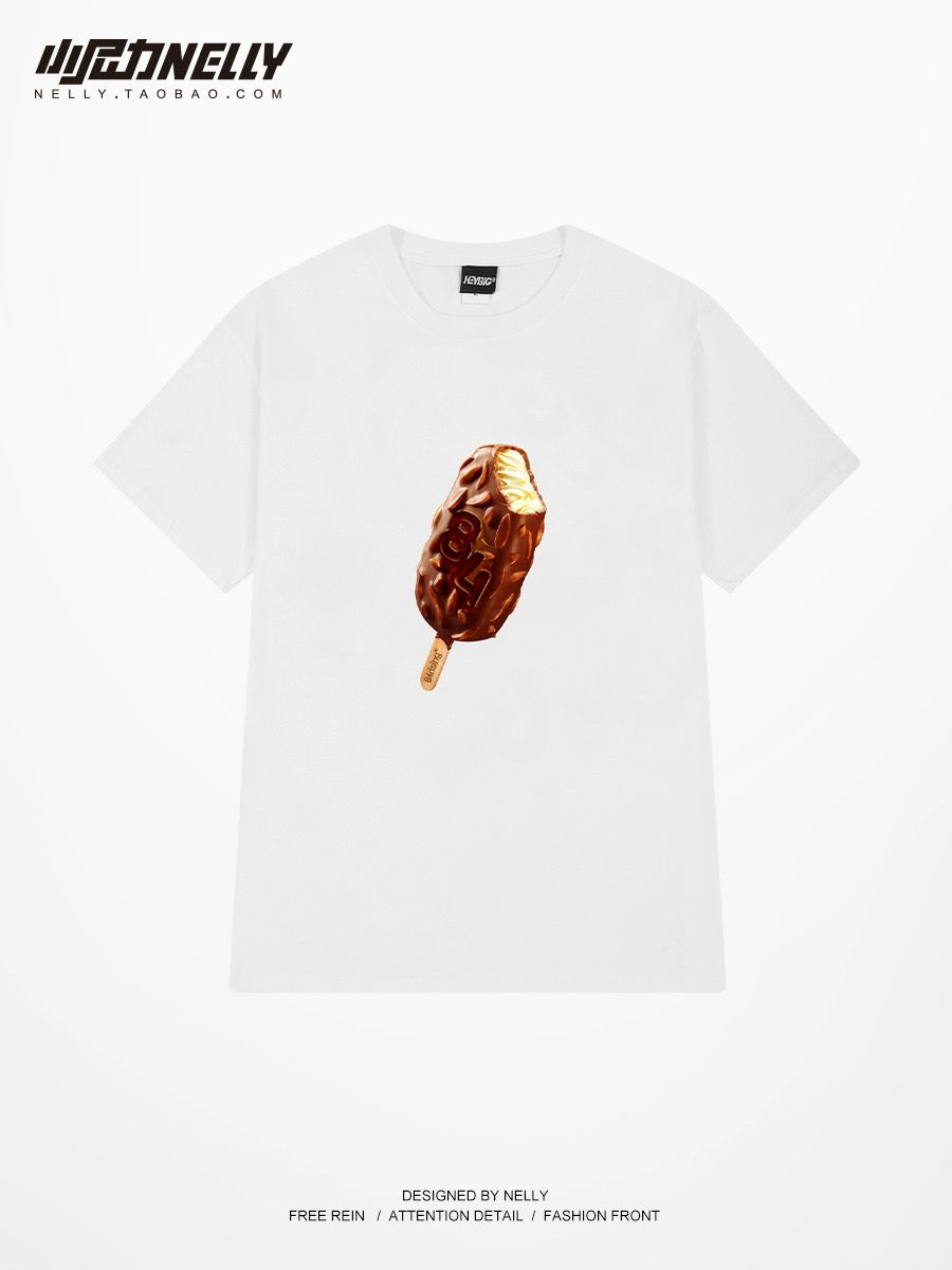 Fun ice cream print short-sleeved T-shirt for men and women new summer couple tops half-sleeved round neck casual sports T-shirt