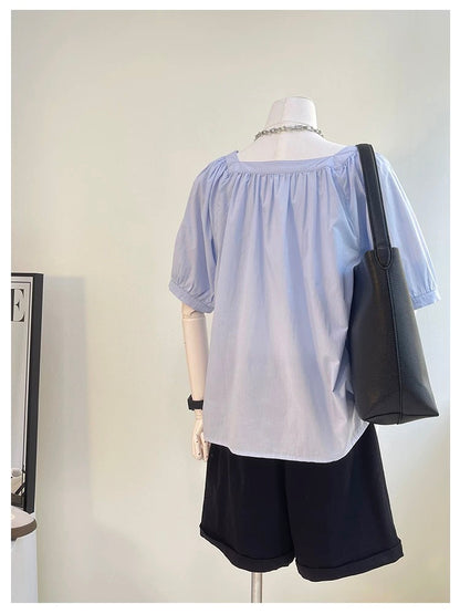 The last wave of new styles in summer~ French square collar tops, small shirts, pure cotton buttons, loose solid color short-sleeved shirts for women in summer