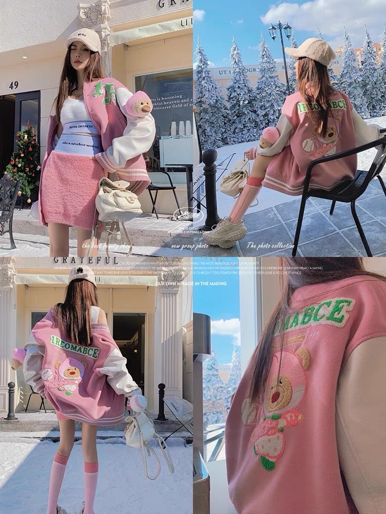 Earth Store pink age-reducing sweet cool heavy industry bear baseball uniform for women spring and autumn new sweet cool American style unique jacket