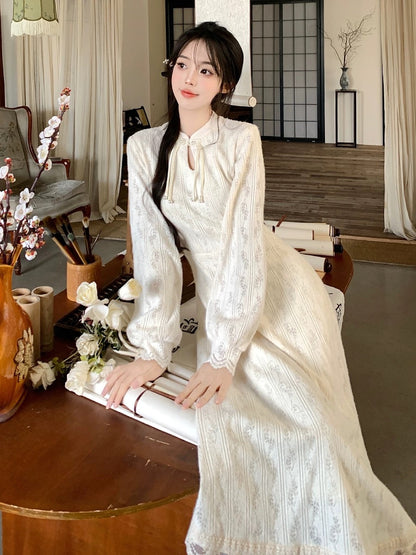 Plus size women's new Chinese style improved ancient style cheongsam dress women's autumn and winter slim lace temperament mid-length dress trendy