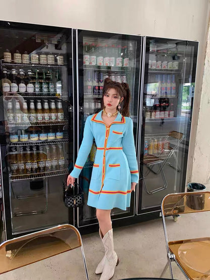 LIN CHAO ZHANG [Barcelona Cupid Dress] Autumn Contrast Color Gold Knitted Embroidered Dress for Women (S2223)