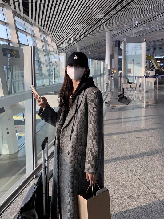 MULVAN Gray Herringbone Wool Coat Women's 2023 Autumn and Winter Loose Temperament Mid-Length Wool Wool Coat