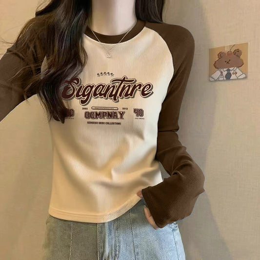 Contrast color pure cotton inner wear design sense splicing long-sleeved T-shirt female 2025 autumn and winter new European goods loose slim top M
