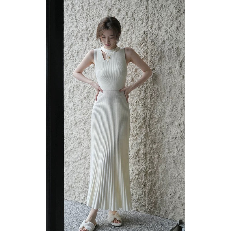 SerioLudere Eggboy is very lazy. Two-color waist slimming inner bottoming knitted skirt pleated long dress D436