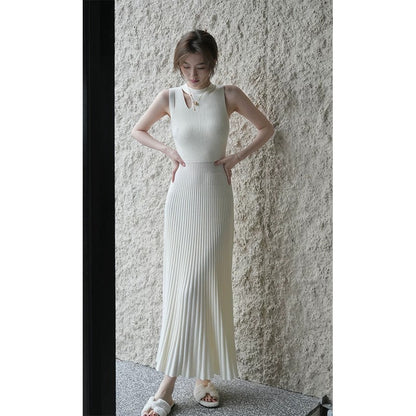 SerioLudere Eggboy is very lazy. Two-color waist slimming inner bottoming knitted skirt pleated long dress D436